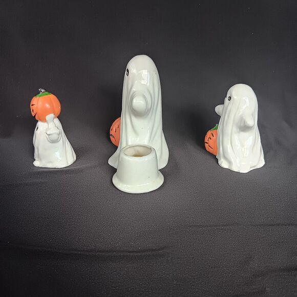 Vintage Bone China Ghosts with Pumpkin Jack O Lanterns Candle Holder Halloween 3 - Picture 2 of 16
